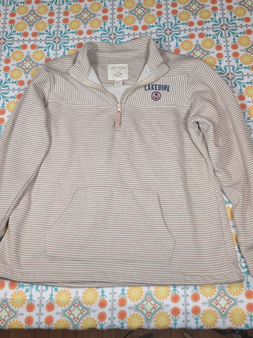 Lake Girl French Terry Quarter Zip Sweatshirt, Cappucino Stripe Size Large